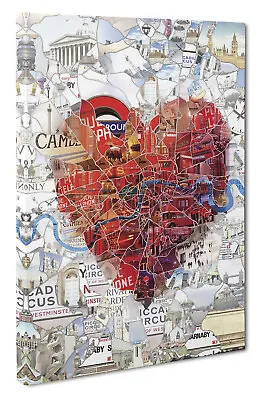 London Map Love Heart Collage Picture Canvas Print Wall Art Size A1 51X76cm • £23.95