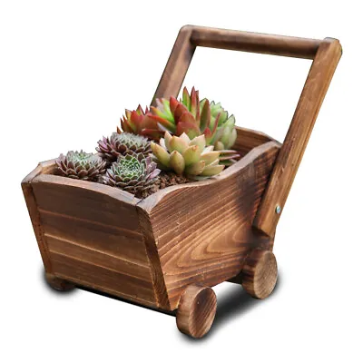 Wooden Wheel Barrow Planter Modern Garden Burnt Wood Flower Cart Ornamental Pot • £14.75