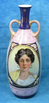 Antique Royal Vienna STYLE Lady Portrait Vase Gilded Hand Painted Beehive Shield • $35