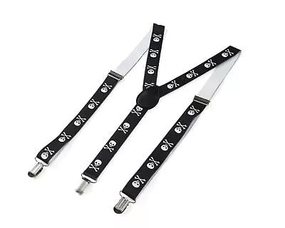 Black Pirate Skull Braces Suspenders Adjustable Unisex Party Fancy Dress • £4.49