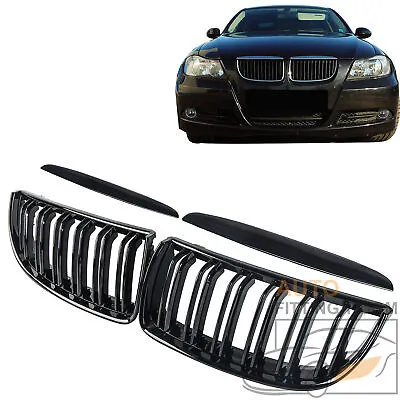 Gloss Black Dual Line Front Bumper Grille Grill For BMW E90 325i 330i 335i 05-08 • $26.58