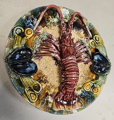 HUGE Vintage 13  Palissy Style Majolica LOBSTER Relief Pottery Plate PORTUGAL • £313.37