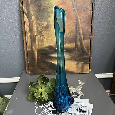 Vintage MCM Viking Glass 15” Swing Vase EUC Stretch Blue Tall Teal Bud • $98