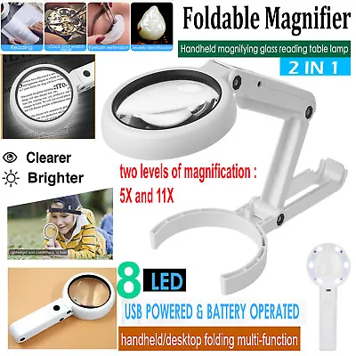 2X Foldable Magnifying Glass With Light 8 Led Lamp 5X 11X Magnifier Stand Table  • £15.74