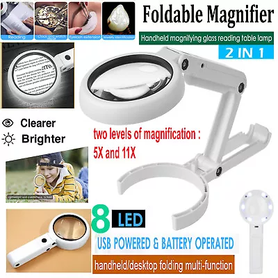 Foldable Magnifying Glass With Light 8 Led Lamp  5X 11X Magnifier Stand Table  • £9.65