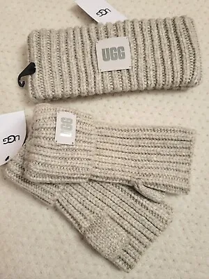 NWT UGG Chunky Fingerless Wool Blend Cuff Gloves & Headband Set Light Gray • $64.99