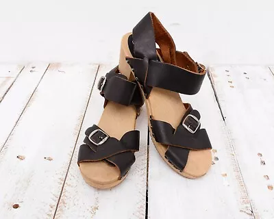 MOHEDA Women Leather Heels Swedish Ankle Straps Open Clogs EUR 40 UK 7 US 9 VTG • $49.88