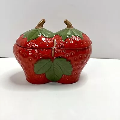 Vintage Red Strawberry Jam Jelly Jar With Lid Sugar Bowl Ceramic Hand Painted • $16.95