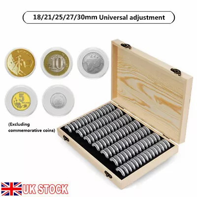 Wooden Coin Cabinet Tray Display Box Coins Collection Organizer W/Coin Capsules • £21.99