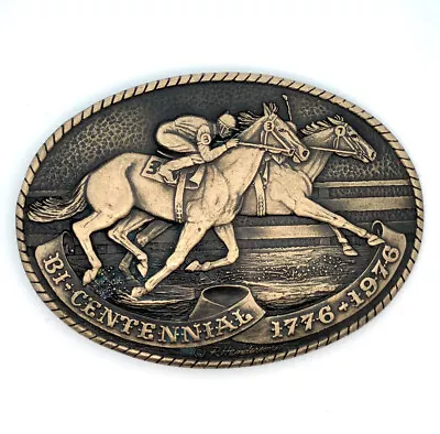 1976 Tony Lama Bicentennial Quarter Horse Racing Oval Brass Belt Buckle • $40