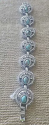 1973 Sarah Coventry Indian Maiden Bracelet Box Clasp Silver Turquoise Concho • $24.95