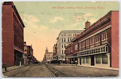 Postcard MS Meridian Mississippi 5th Street Looking West Trolley Tracks MS18 • $6.99