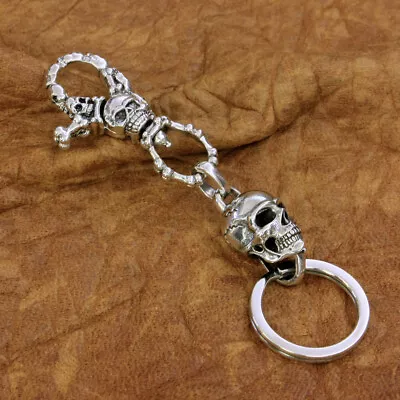 LINSION 925 Sterling Silver High Detail Skull KeyRing Mens Punk Keychain TA200A • $127