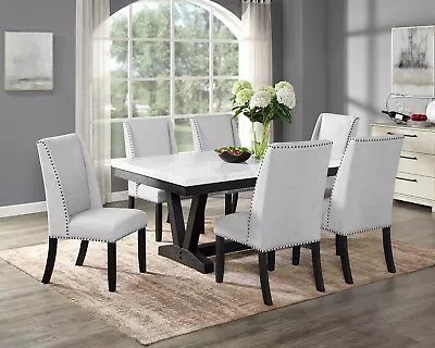 Black Gray 7Pc Dining Set White Genuine Marble Table Upholstered Wing Back Chair • $1599.99