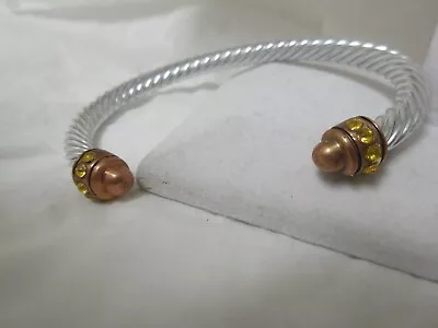 Vintage Silver Tone & Copper Yellow Rhinestone Cuff Bracelet  • $7.99