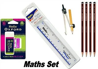 Maths Educational Supplies Set Of 5 Compass Eraser Pencils Ruler & Sharpener • £5.97