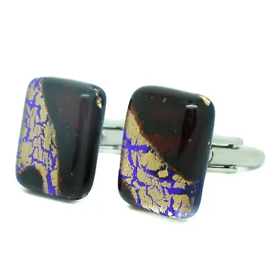 Murano Glass Cufflinks Rectangular Dark Red Gold Blue Venice Wedding • £14.95