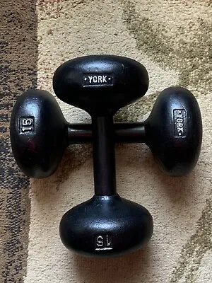 VINTAGE  York BunHead Dumbbells 15Lbs Total WEIGHT 30Lb Round Head Small Letters • $140