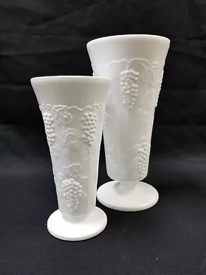 2 Vintage Matching White Milk Glass Grape Leaves Pedestal Vases 10  & 8 ^ • $11.99
