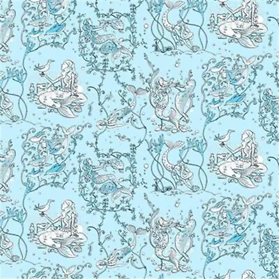 Clothworks Sandy Toes Mermaids Y4046-97 Light Sky. By Anita Jeram.Mermaid Fabric • £1.50