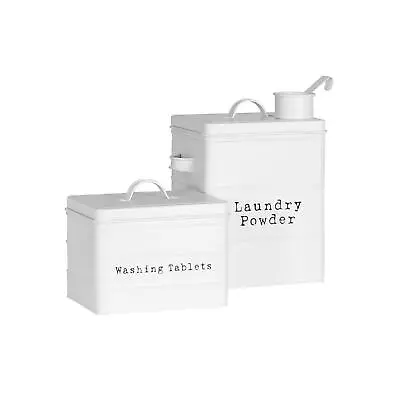 2 X Vintage Metal Washing Powder Tablets Storage Utility Canisters Matte White • £17