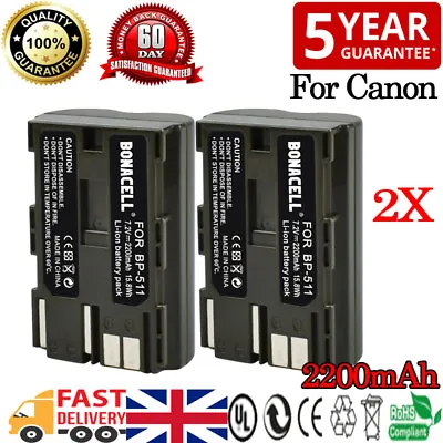 2× Rechargeable Battery For Canon EOS 5D BP-511 BP-511A 40D 50D 300D SLR 2200mAh • £13.99