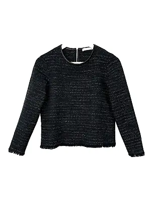 Mango Suit Womens Boucle Knit Top Black Fringe Trim Crew Neck Long Sleeve Size S • £15.99