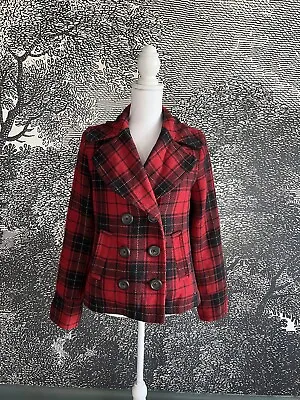 Merona Ladies S Red Black Lined Tartan Plaid Button Front Pea Coat Wool Jacket • $11