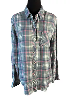 NWT Rails Hunter Plaid Top Medium M Agave Rose Blue Rayon Shirt Button Down • $29.95