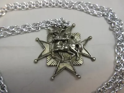 Vintage Maltese Cross Knight & Horse Pendant & 38  Chain Necklace Silver Tone • $14.99