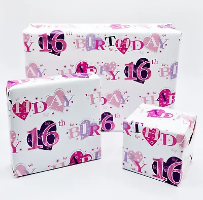 2 Sheets 16th Birthday Girl Wrapping Paper Age 16 Heart Shapes Giftwrap (PA-W38) • £2.49