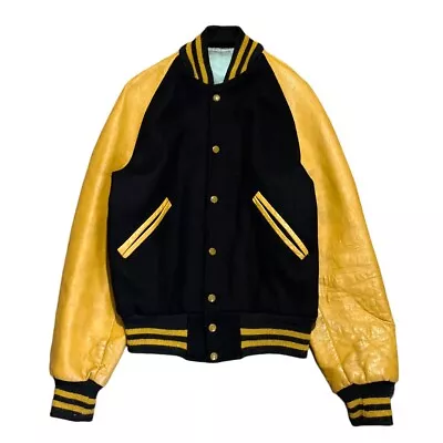 Vintage Varsity Leather Jacket Size Small Wool Black Yellow Button Up Bomber 60s • $70