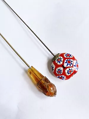 Antique Vintage Hat Pin Lot Colorful Art Glass White Long Shank Stick Amber • $14.99