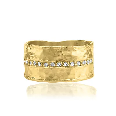 14K Gold Over Sterling Silver Statement Ring Half Eternity CZ Zirconia Hammered • $69