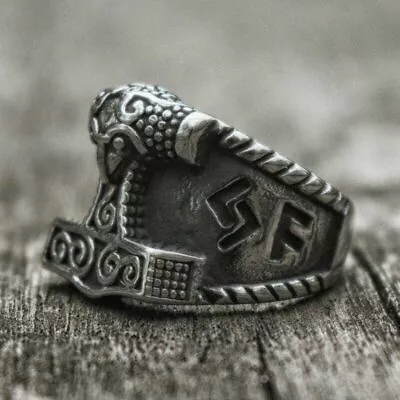 Mens Stainless Steel Nordic Viking Thors Hammer Rune Mjolnir Ring For Men 7-15 • $9.99