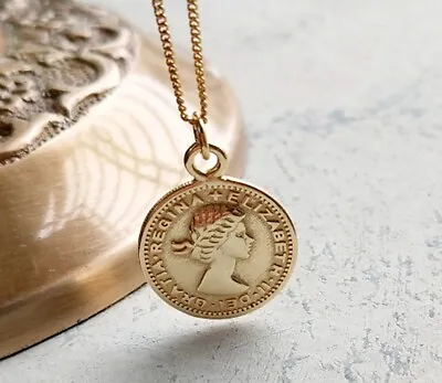 Women 925 Sterling Silver Queen Elizabeth Pence Gold Money Coin Necklace 15-17  • $19.50