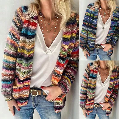 Women's Casual Striped Knit Cardigan Ladies Long Sleeves Sweater Coat Plus Size • $15.19