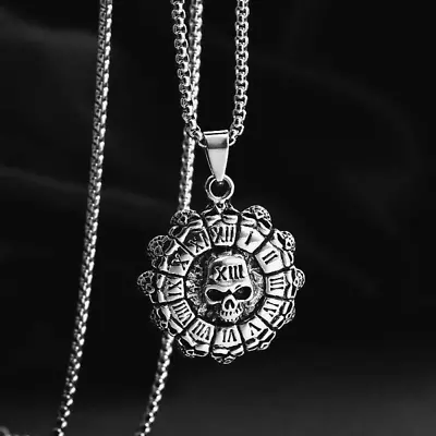 Punk Skull Roman Numeral Pendant Necklace Men's Gothic Retro Jewelry Chain 24  • $11.89