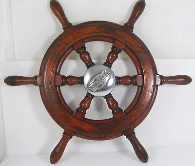 Antique Trojan Helm Wheel  Ship Wheel  19.5  Mahogany Sea Breeze Nautical Gifts • £240.90