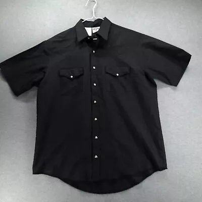 Vintage Western Frontier Shirt Mens L Black Pearl Snap Raw Edge Hem Pockets USA • $19.83