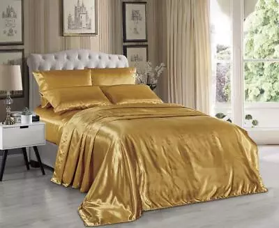 Soft Satin Pillowcase+Fitted+Flat Bed Sheet Set  Solid Color Deep Pockets New • $27.99