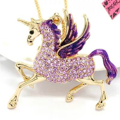 $4.49 • Buy New Fashion Women Purple Enamel Pegasus Unicorn Crystal Pendant Chain Necklace