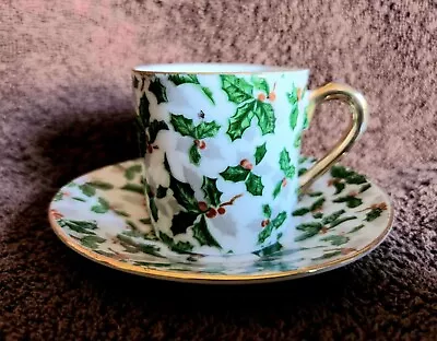  Beautiful Vintage Demitasse  & Saucer Has Red Berries & Green 🍃 Leaf's 1950 • $5.99