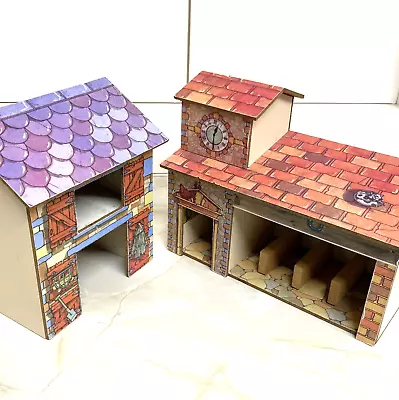 2x Vintage Wooden Toy Farm Yard Buildings  - Clock Tower Stables & 2-Story House • £9.99