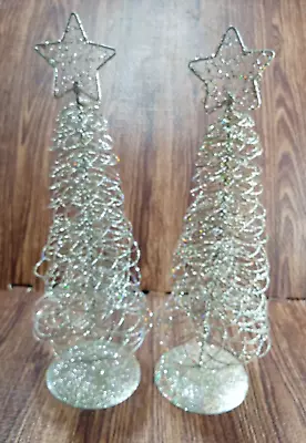 2 Gold Metal Wire Spiral Christmas Trees W/Colored Beads 13.5” H Tabletop Decor • $22