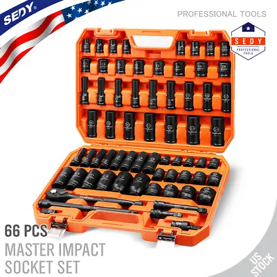 Impact Deep Shallow Socket Set 66PC 1/2  Drive 6 Point SAE Metric Master & Case • $129.99