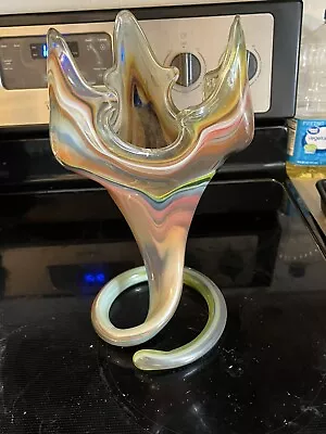 Vintage Large Art Glass  Vase W/ Spiral Tail Base Hand Blown Rainbow Swirls • $59