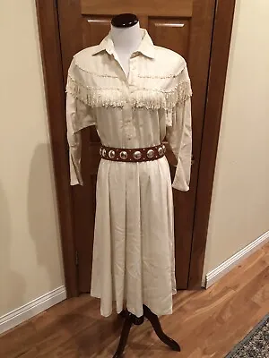 Vintage Panhandle Slim Women's Dress 14 White Western Rodeo Fringe Made In USA • $59.99