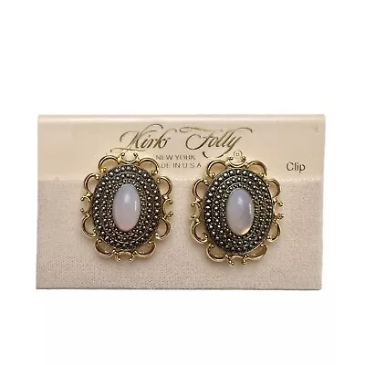 Vintage Kirks Folly Opalite Moonstone Cabochon Marcasite Clip On Earrings NEW • $39.99