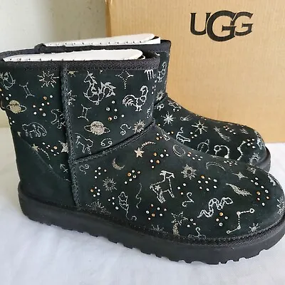 New Womens Size 7 Black Ugg Classic Zodiac Mini Suede Metallic Crystal Boots • $84.96